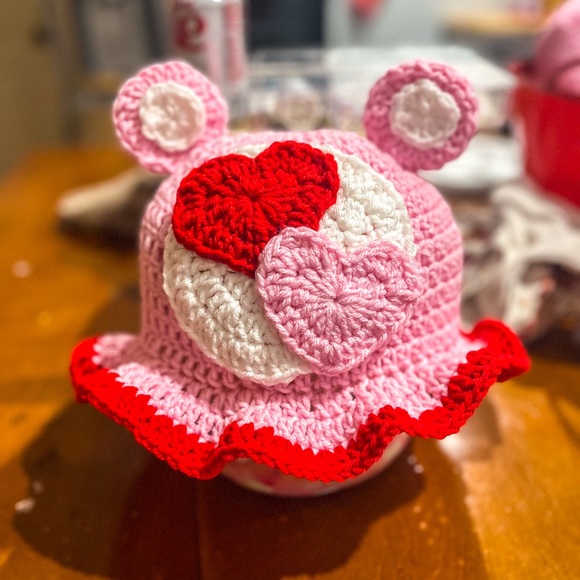 Handmade Crochet Valentine CareBear Beanie! - Picture 1 of 1